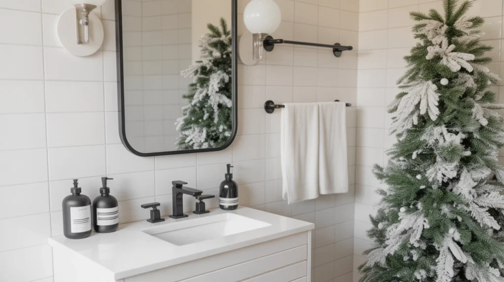 stylish black and white christmas bathroom with monochrome decor, matte black accents, and clean winter details