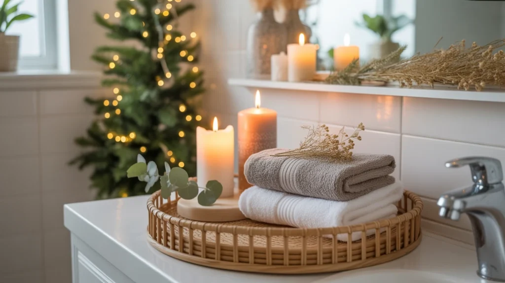 boho christmas bathroom decor ideas featuring woven textures, candles, eucalyptus, and earthy holiday accents