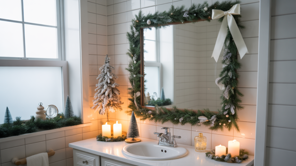 festive bathroom mirror decorated with winter greenery and warm Christmas accents