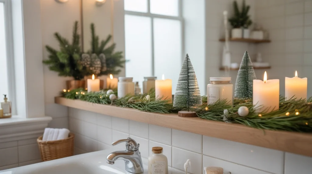 holiday bathroom shelf decorated with winter greenery, candles, and mini Christmas details