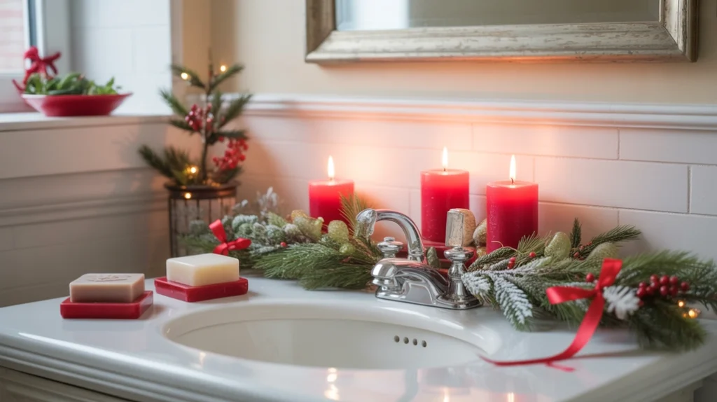 classic christmas bathroom decor ideas featuring pine greenery, candles, red-and-white accents, and traditional holiday styling