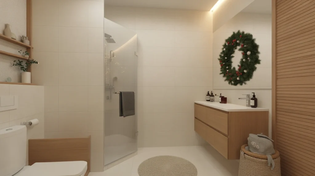 cool festive blue and silver christmas bathroom decor ideas featuring silver ornaments and frosted greenery