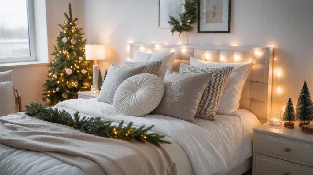 Cozy Christmas bedroom decor ideas with soft lighting, festive pillows, and winter greenery