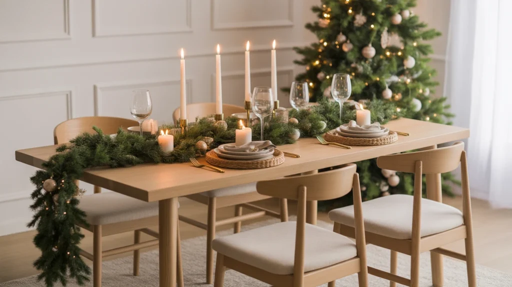 Cozy Christmas dining room with a festive holiday table setting and soft winter greenery