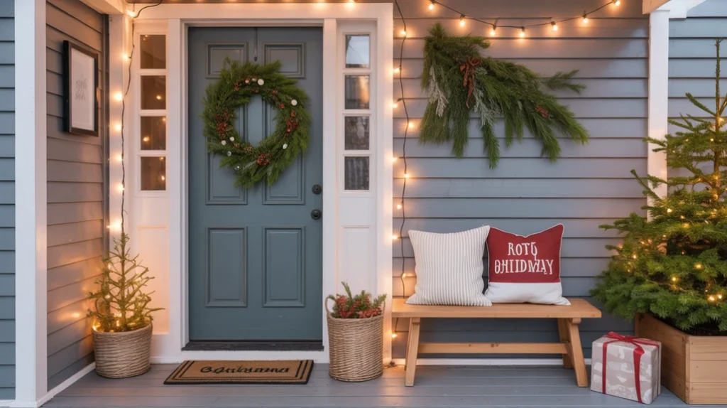 “Cozy Christmas entryway decor ideas with winter greenery, soft lights, and a welcoming holiday entrance”