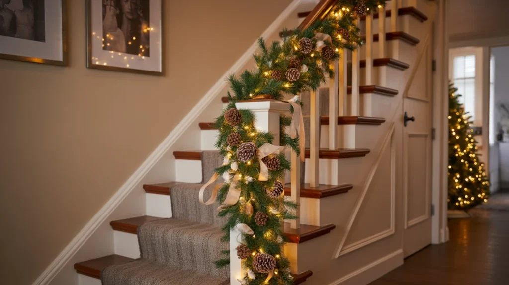 “Cozy Christmas staircase decor ideas using garland, fairy lights, and natural greenery for a festive home”