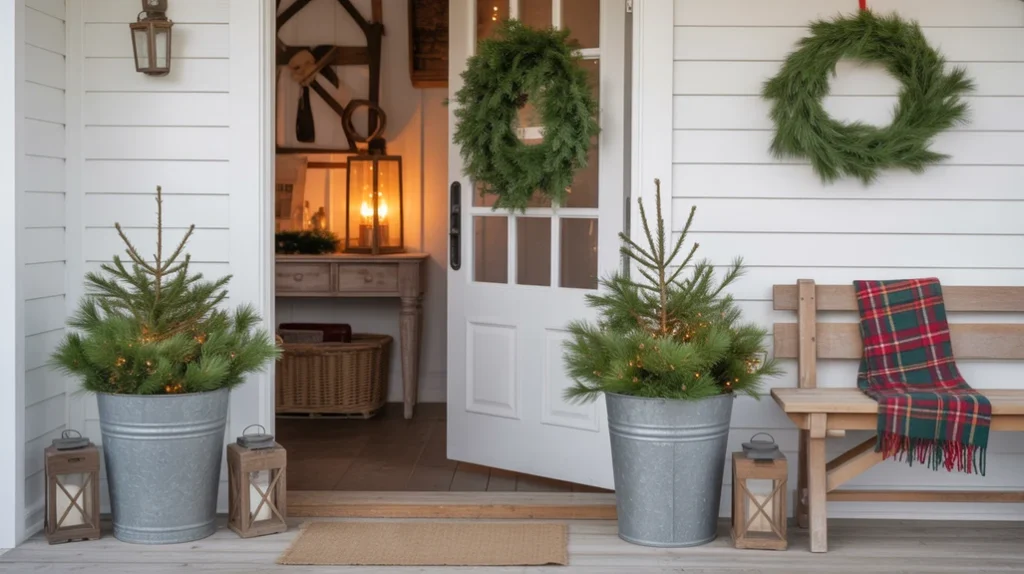 “Cozy rustic farmhouse Christmas entryway decor ideas using pine greenery and vintage country accents”