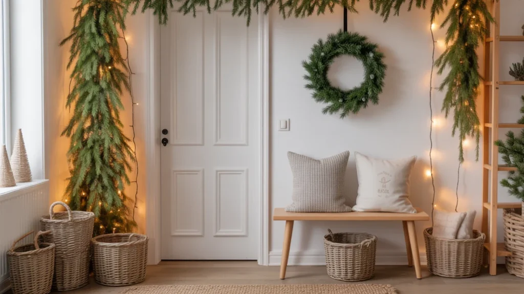 “Cozy Scandinavian Christmas entryway decor ideas using natural textures, pine branches, and warm lighting”