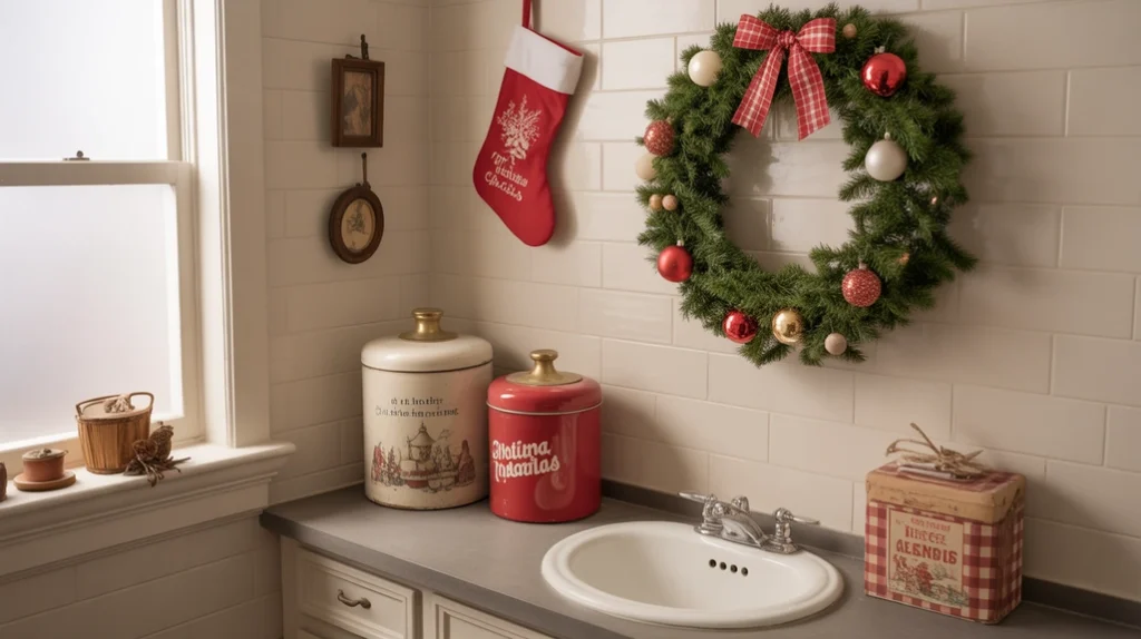 cozy vintage christmas bathroom decor ideas featuring retro ornaments, greenery, and soft nostalgic lighting