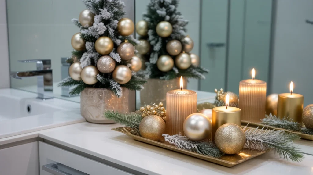 festive glam christmas bathroom decor ideas featuring metallic ornaments, candles, and luxe holiday details