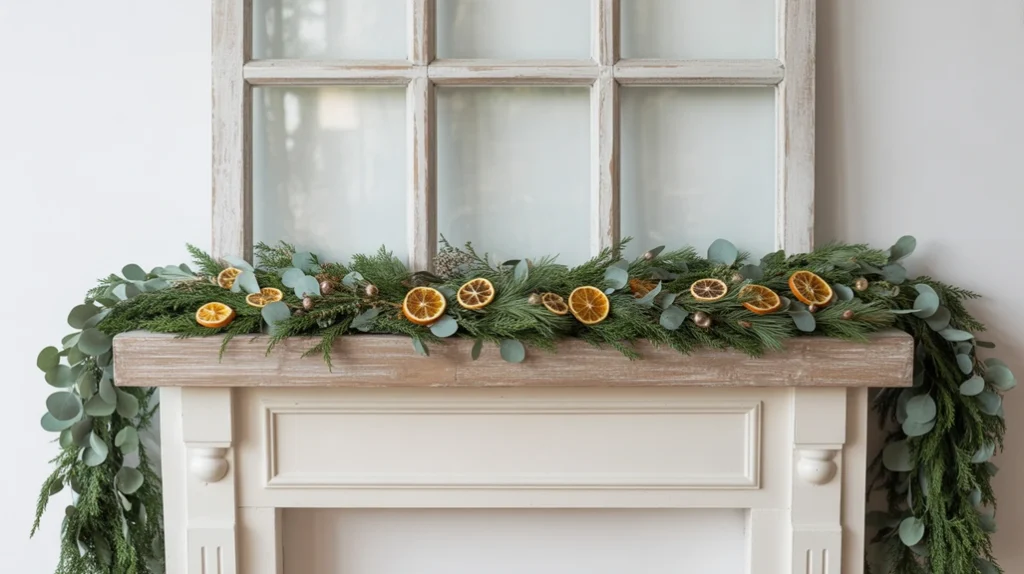 Evergreen garland and farmhouse Christmas greenery decorating a rustic mantel and window frame.