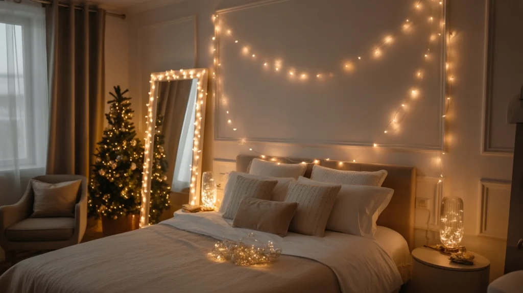 Warm fairy light garlands draped across bedroom wall for soft and elegant Christmas bedroom decorations.