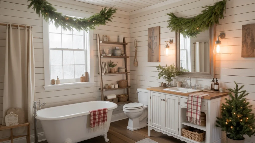 farmhouse christmas bathroom decor ideas featuring greenery garland, wooden accents, and warm country holiday styling