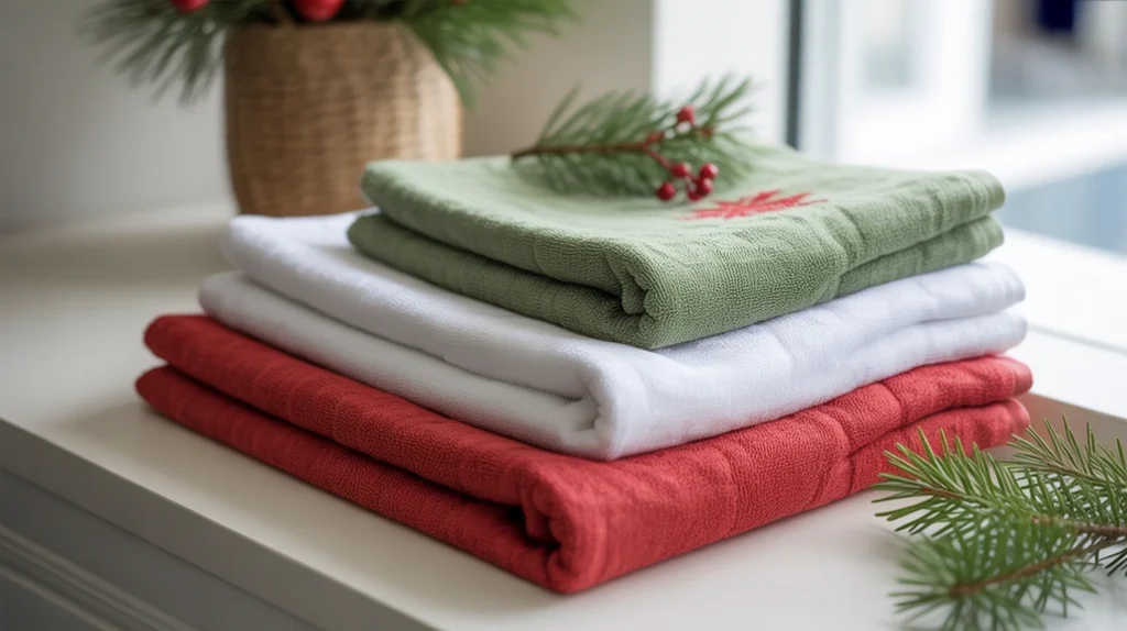 festive christmas towel styling ideas with holiday colors, winter greenery, and neatly folded seasonal towels