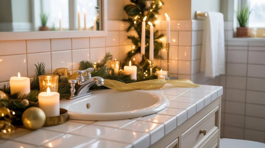 cozy christmas bathroom with gold decorations, greenery, candles and warm festive styling