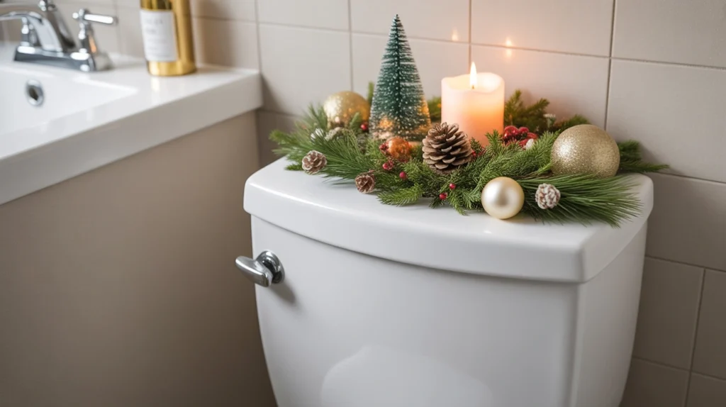 clean and simple christmas toilet tank decor ideas with pine branches, candles, and cozy bathroom styling