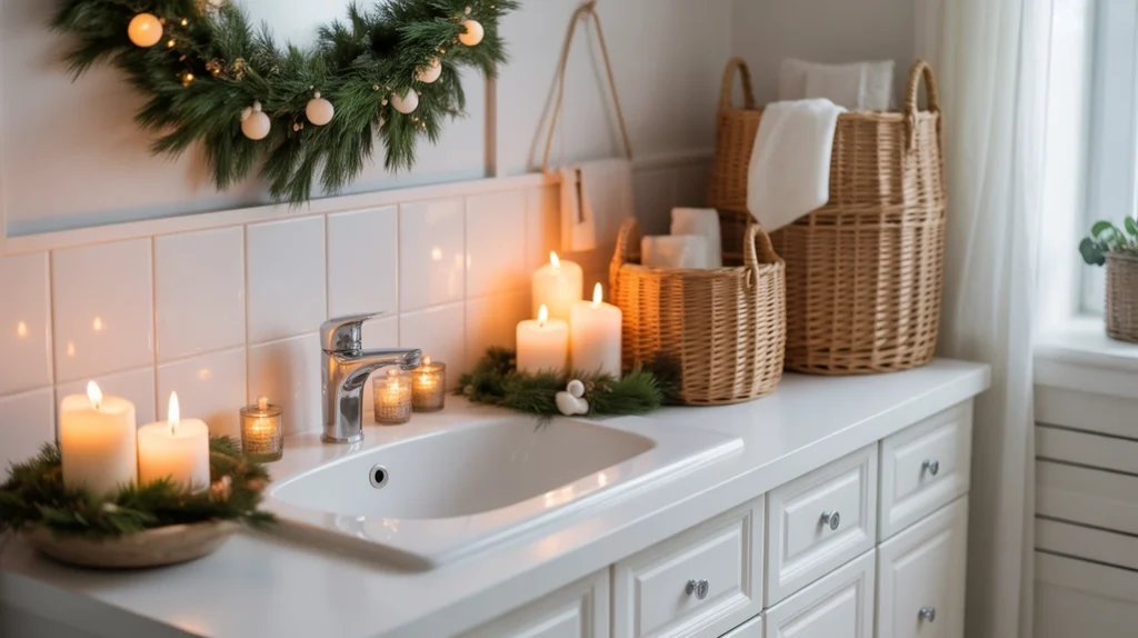 Scandinavian Hygge Christmas bathroom decor in soft neutral tones for a calm winter home.