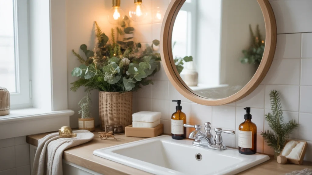 Warm and organic natural Christmas bathroom decor featuring greenery, linen, and wooden accents.