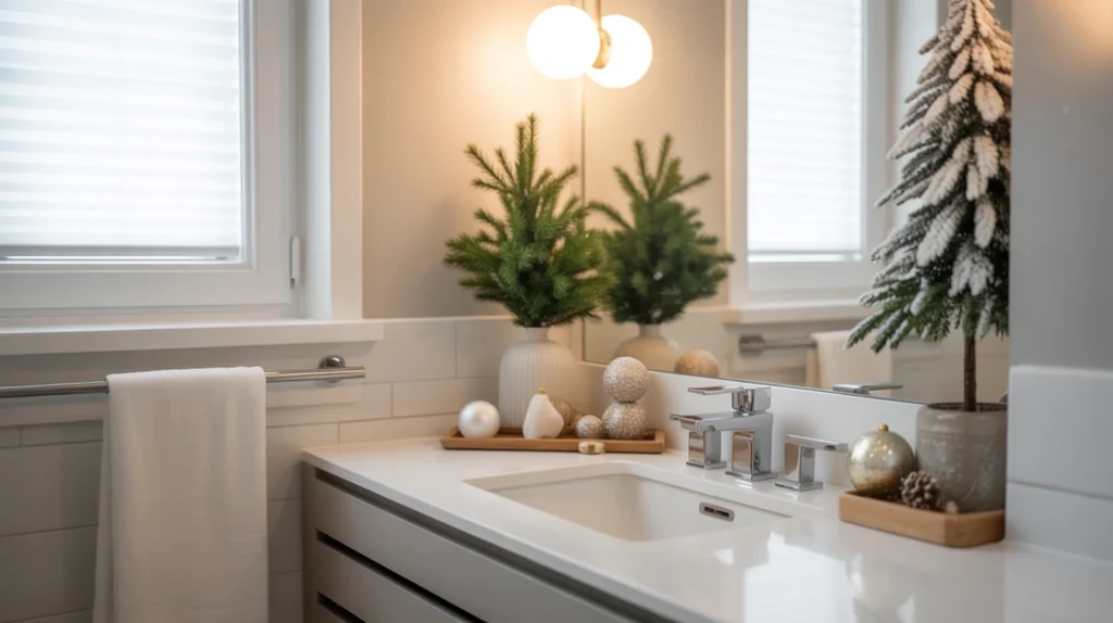 modern christmas bathroom decor ideas with warm lighting, simple greenery, and fresh winter accents