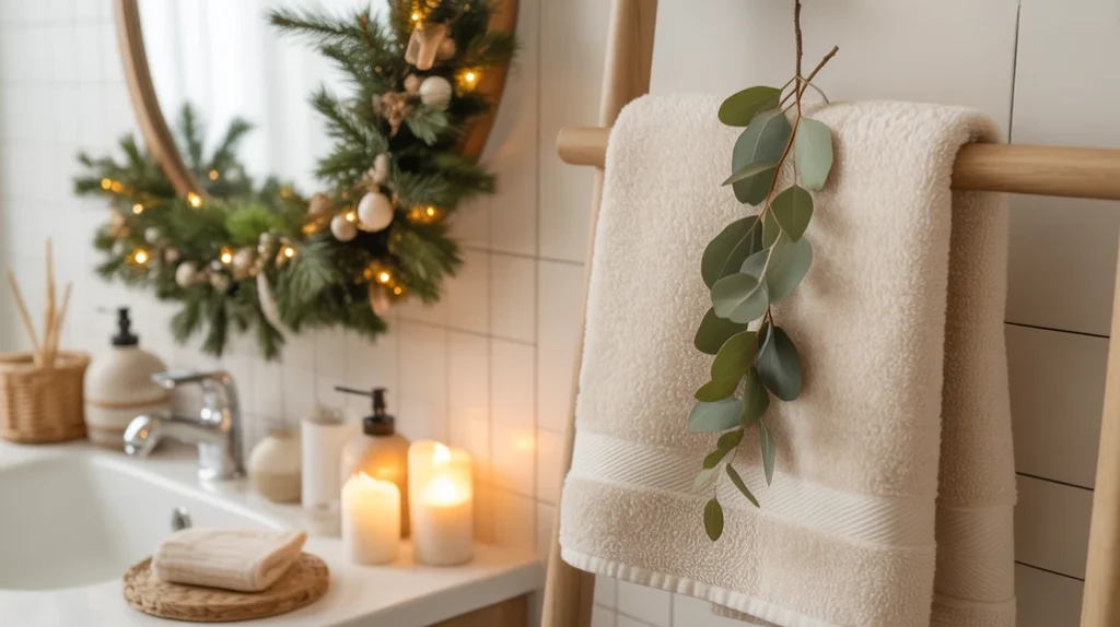 calm neutral christmas bathroom with beige towels, greenery accents, and warm winter styling