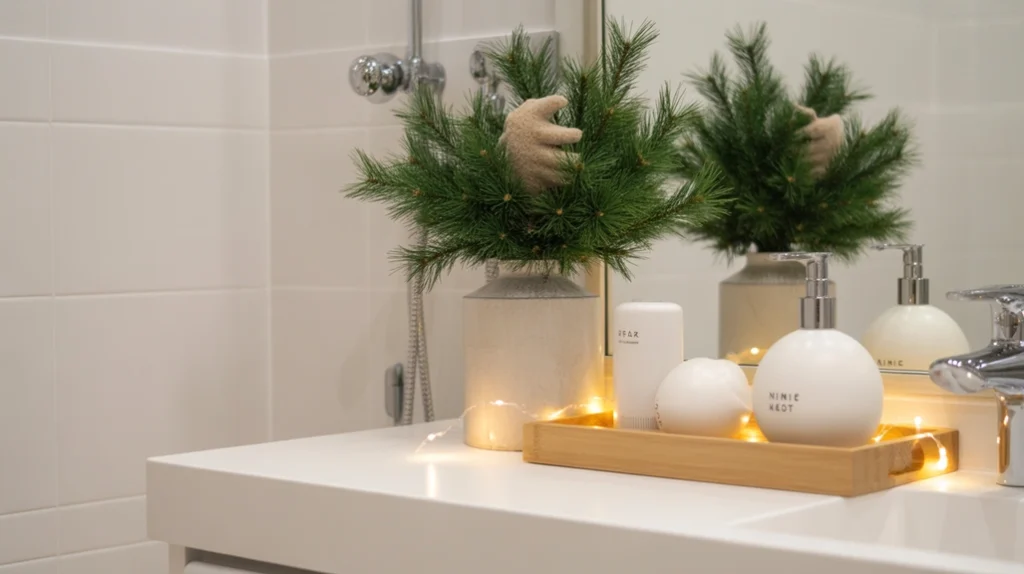 calm scandinavian christmas bathroom decor ideas featuring pine greenery, warm lighting, and minimal nordic holiday accents