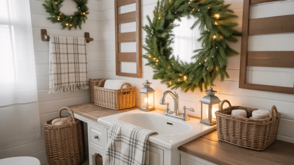 rustic christmas bathroom decor ideas featuring warm wood tones, winter greenery, and cozy farmhouse holiday styling