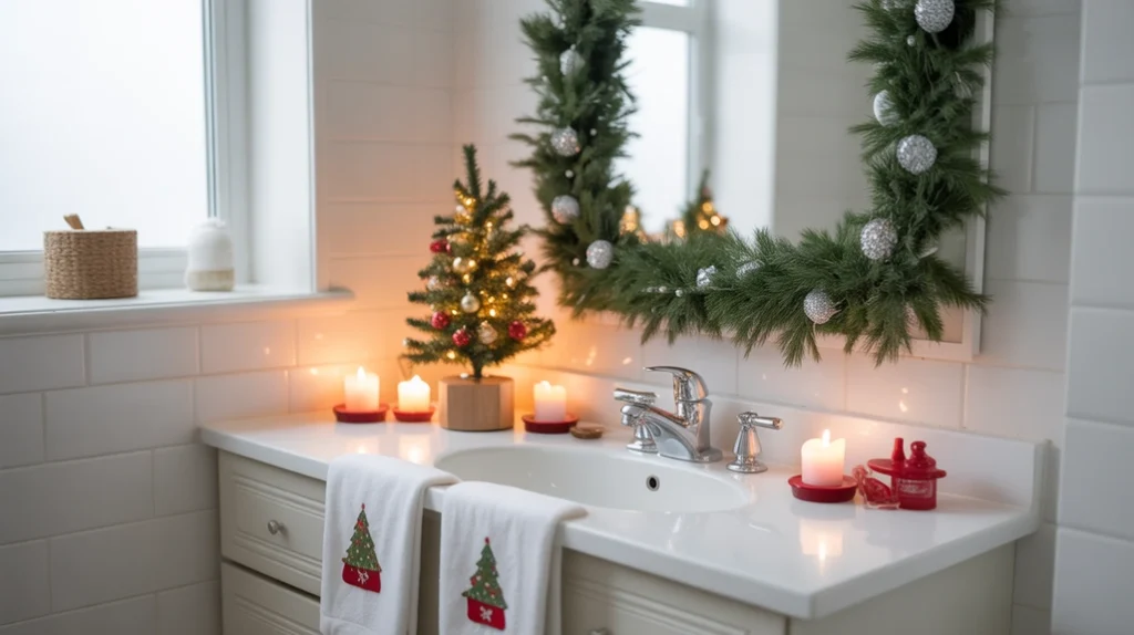 Cute and simple budget Christmas bathroom decor setup with holiday towels and greenery.