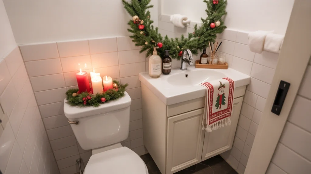Cozy Christmas bathroom decor ideas for small spaces with festive seasonal accents.