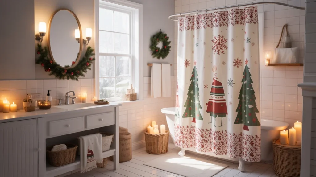 Christmas shower curtain decor ideas with a cozy holiday bathroom setup featuring greenery and soft lighting.