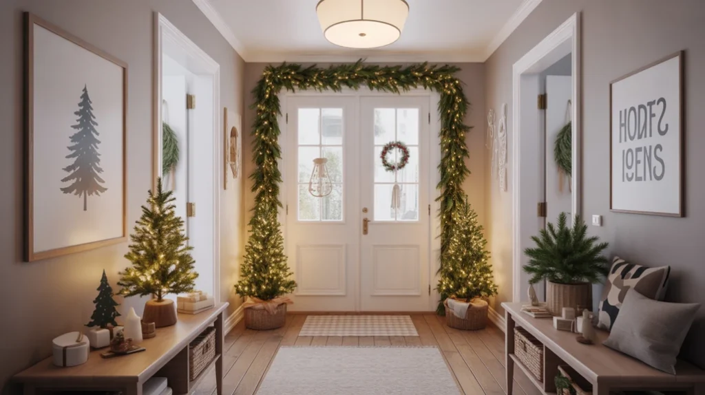 Christmas hallway decorated with greenery, mini trees, and soft winter lighting for a cozy festive home