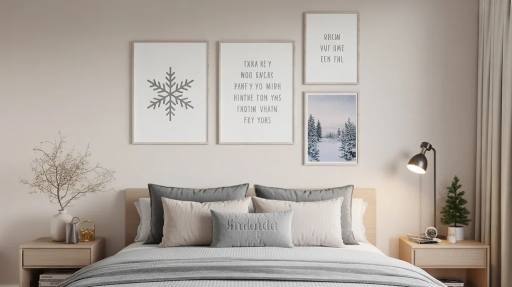 Modern Christmas canvas wall art with winter landscapes and quotes adding stylish decor to bedroom walls.