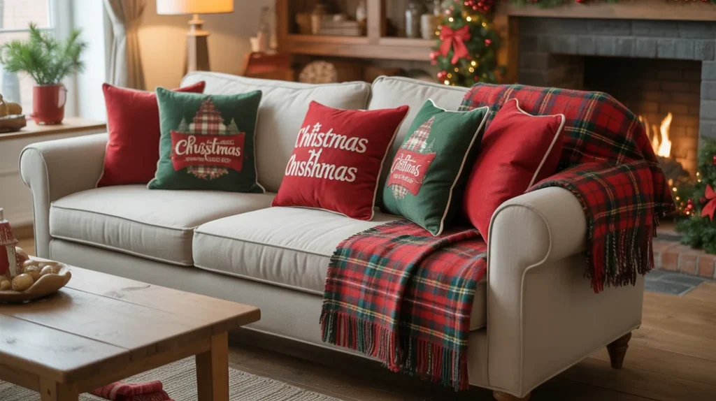 Plaid throws and cozy farmhouse Christmas cushions on a country-style sofa near a decorated fireplace.