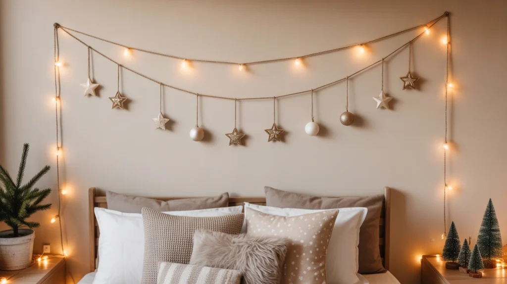 Hanging ornaments on twine across bedroom wall for simple and charming DIY Christmas wall decoration.