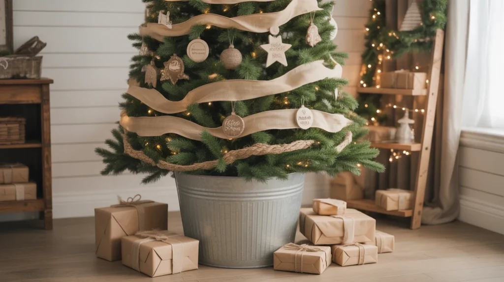 Rustic farmhouse Christmas tree with burlap ribbons, wooden ornaments, and a galvanized metal bucket base.