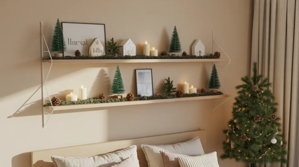 Floating shelves with mini Christmas trees, candles, and pinecones for cozy bedroom wall decoration ideas.
