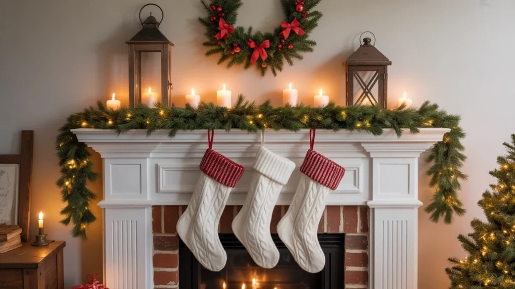 Farmhouse fireplace mantel decorated for Christmas with pine garland, knit stockings, and vintage lanterns.