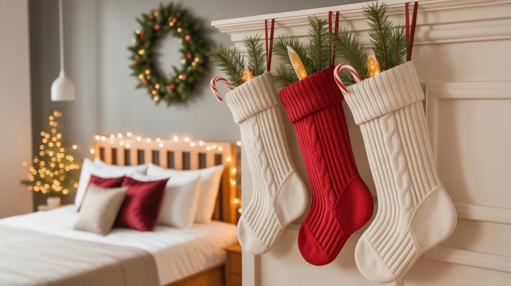 Knitted Christmas stockings hanging on bedroom wall filled with pine branches and festive accents.