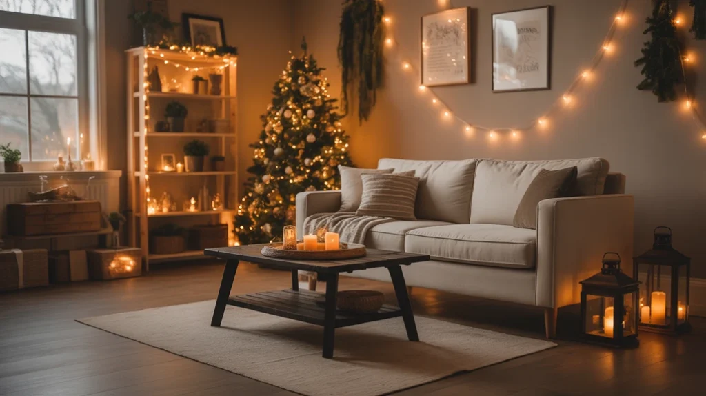 Warm lighting setup with candles, lanterns, and fairy lights in a cozy rustic farmhouse Christmas living room.
