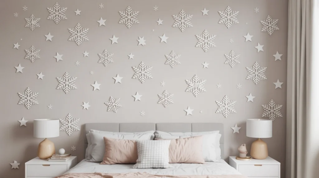 Snowflake and reindeer removable wall decals adding subtle holiday charm to bedroom walls.