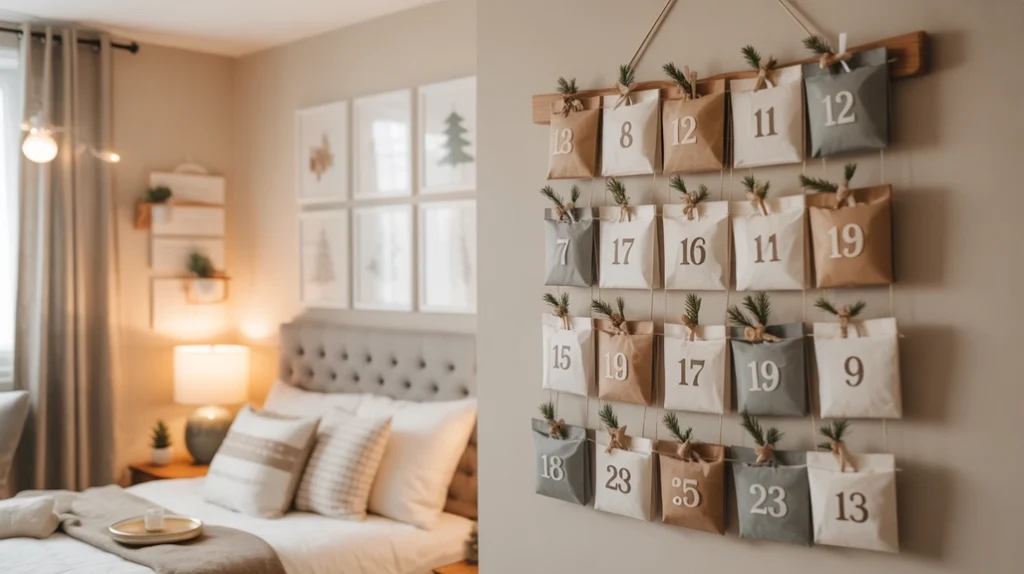 DIY advent calendar made of numbered envelopes used as creative Christmas wall decor in bedroom.