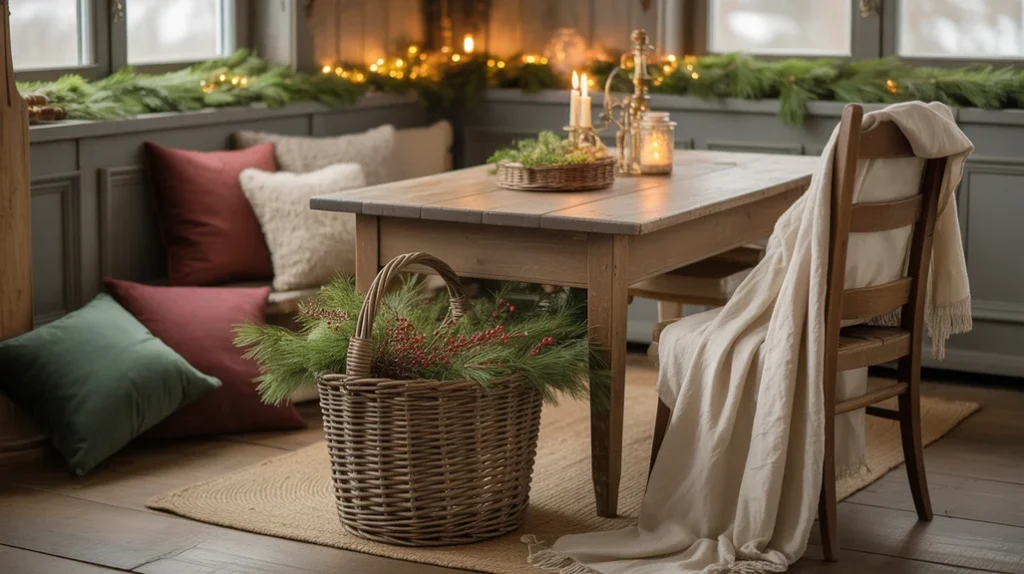 Natural textures and rustic materials used in a farmhouse Christmas living room with cozy layers and warmth.