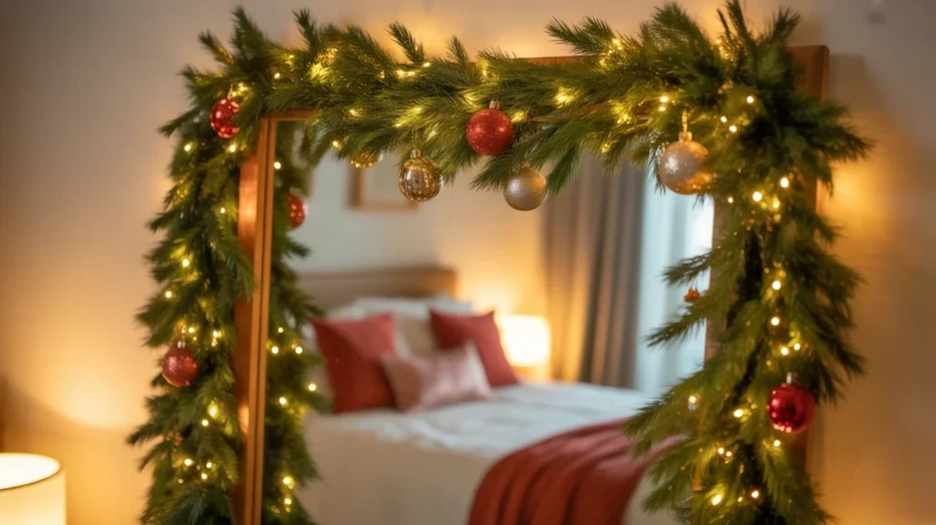 Mirror framed with pine garland and fairy lights reflecting warm cozy Christmas wall decor in bedroom.