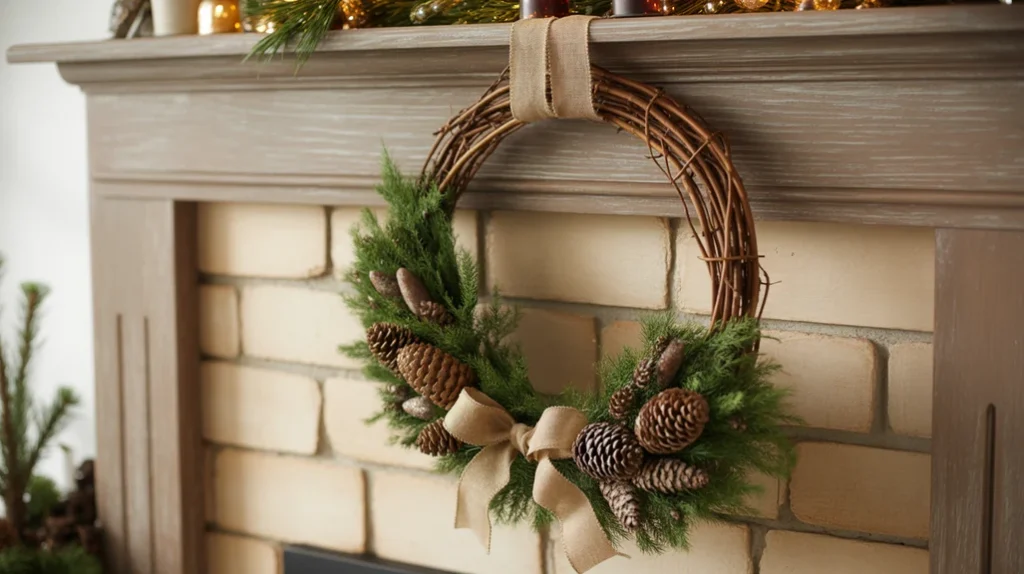 Indoor rustic Christmas wreath with pinecones, greenery, and burlap ribbon hanging above a farmhouse mantel.