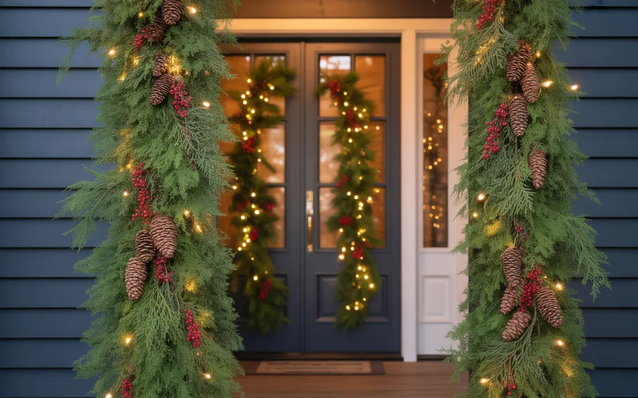 Classic Evergreen Garland Around the Front Door