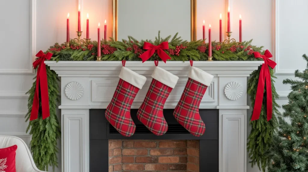 Classic red and green Christmas mantel decor with garland, stockings, and festive fireplace styling