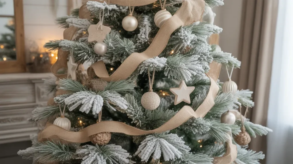 Frosted farmhouse Christmas tree with burlap ribbon and snow-dusted branches