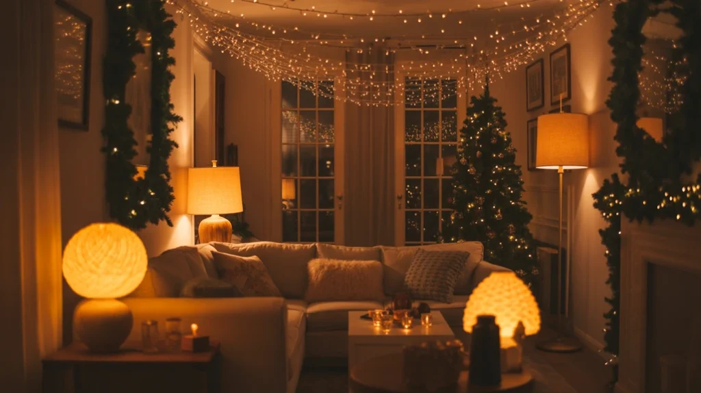 Layered Christmas living room lighting ideas using lamps and string lights for warm glow