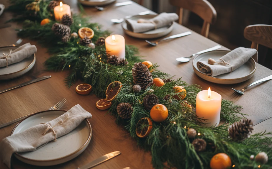 Rustic Wood Table with Evergreen Garland