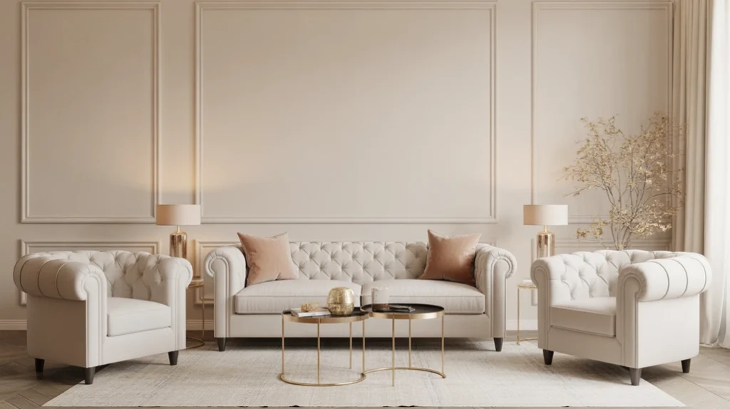 “Neutral foundation living room design with timeless elegant decor.”
