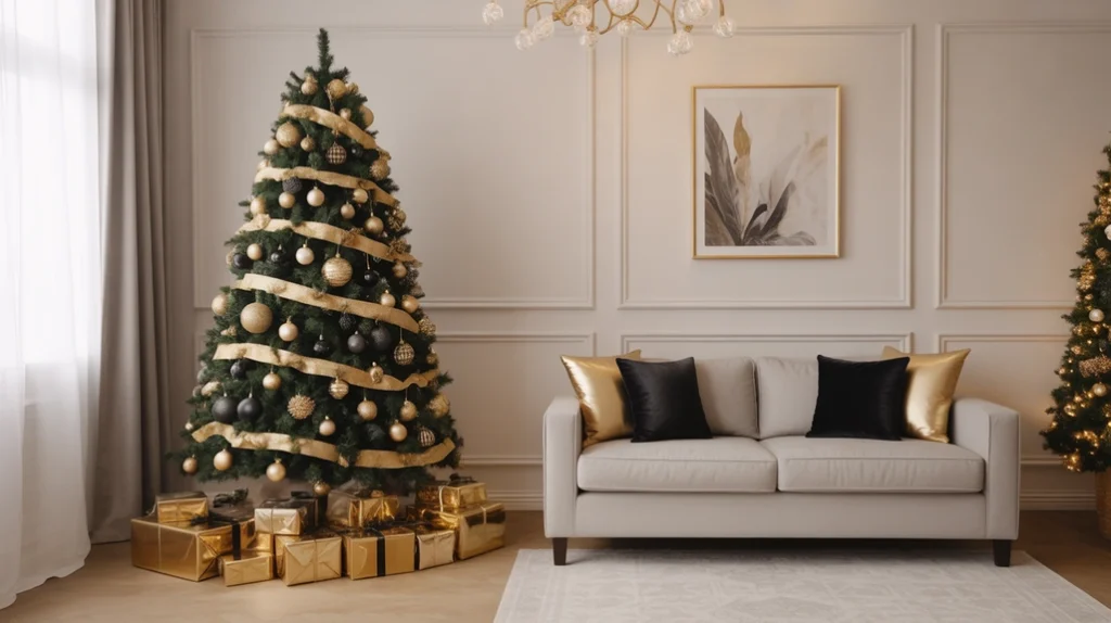 Black and gold Christmas tree with metallic ornaments and gold ribbons in a modern living room.